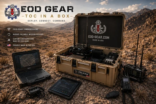 EOD Gear TOC In A Box portable tactical operations center deployed in a high-desert environment, featuring a customized tan Pelican 90L case with integrated communications equipment, rugged computer, radios, antennas, and mission command electronics.