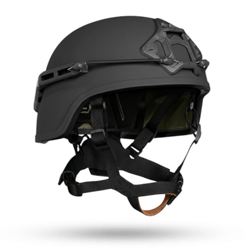 Volta Level IIIA ballistic helmet with reduced trauma protection, front accessory shroud, and tactical retention harness