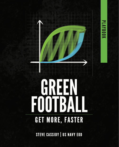 Green Football Playbook by Steve Cassidy featuring tactical goal-setting and business growth exercises.
