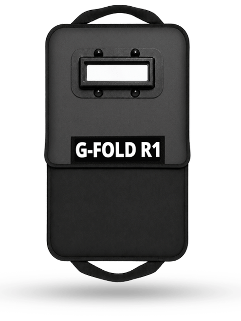 Folding rifle-rated ballistic shield deployed, front view with Level RF1 viewport and carry handle