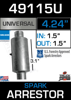 49115U Spark Arresting Muffler 4.24" Body x 1.5" IN & OUT 49115U Spark Arresting Muffler 4.24" Body x 1.5" IN & OUT