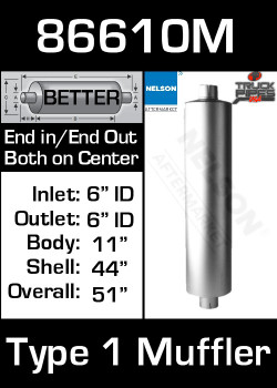 86610M 11" Round Muffler 44.5" Long with 6" IN-OUT TYPE 1