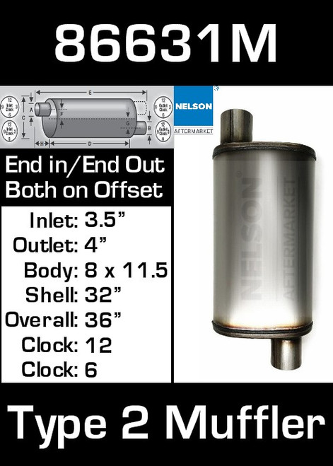 86631M 8.3" x 11.5" Oval Muffler 32" Long with 3.5" IN 4" OUT TYPE 2 86631M 8.3" x 11.5" Oval Muffler 32" Long with 3.5" IN 4" OUT TYPE 2