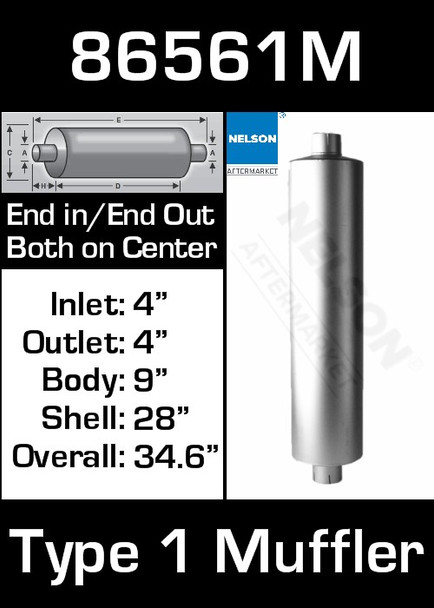 Type 1 Round Muffler 9" x 28.1" with 4" IN/OUT 86561M