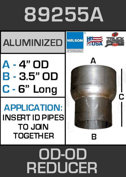 89255A Exhaust Reducer Aluminized 4" OD to 3.5" OD x 6" Long