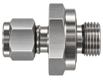 DCM stainless steel compression fitting — representative colored series image; dimensions vary by model.