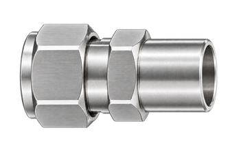 DCW stainless steel compression fitting — representative colored series image; dimensions vary by model.