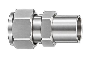 DCW stainless steel compression fitting — representative colored series image; dimensions vary by model.