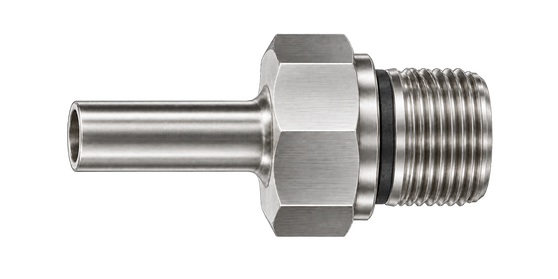 DHQ stainless steel compression fitting — representative colored series image; dimensions vary by model.