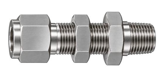 DSC stainless steel compression fitting — representative colored series image; dimensions vary by model.