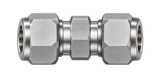 DUA stainless steel compression fitting — representative colored series image; dimensions vary by model.