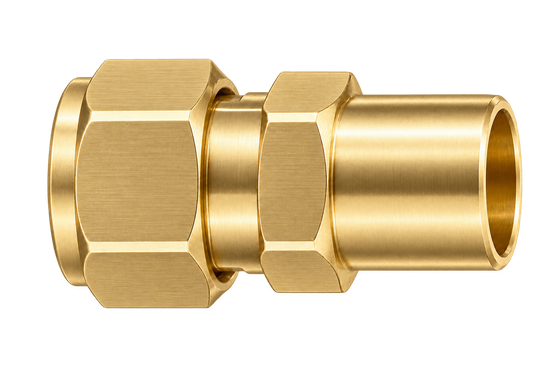 DCW brass compression fitting — representative colored series image; dimensions vary by model.