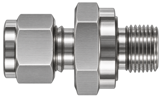 DCO stainless steel compression fitting — representative colored series image; dimensions vary by model.