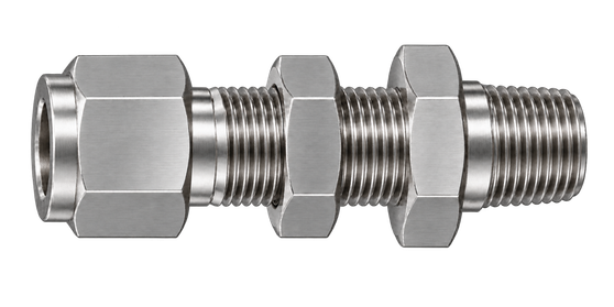 DSC stainless steel compression fitting — representative colored series image; dimensions vary by model.