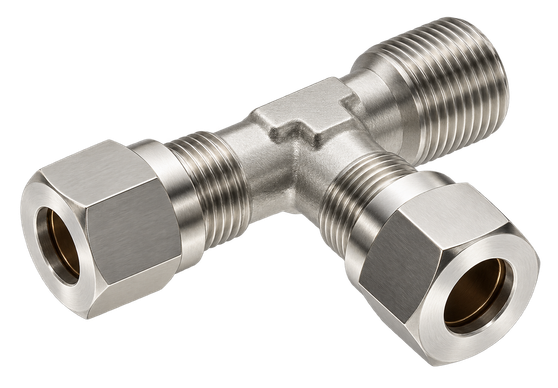 AIG-9230 silver steel compression fitting — representative colored series image; dimensions vary by model.
