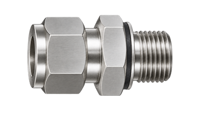 DCQ stainless steel compression fitting — representative colored series image; dimensions vary by model.