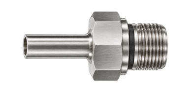 DHQ stainless steel compression fitting — representative colored series image; dimensions vary by model.