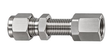 DSS stainless steel compression fitting — representative colored series image; dimensions vary by model.