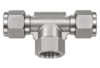 DTH stainless steel compression fitting — representative colored series image; dimensions vary by model.