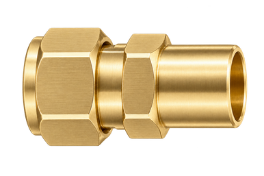 DCW brass compression fitting — representative colored series image; dimensions vary by model.