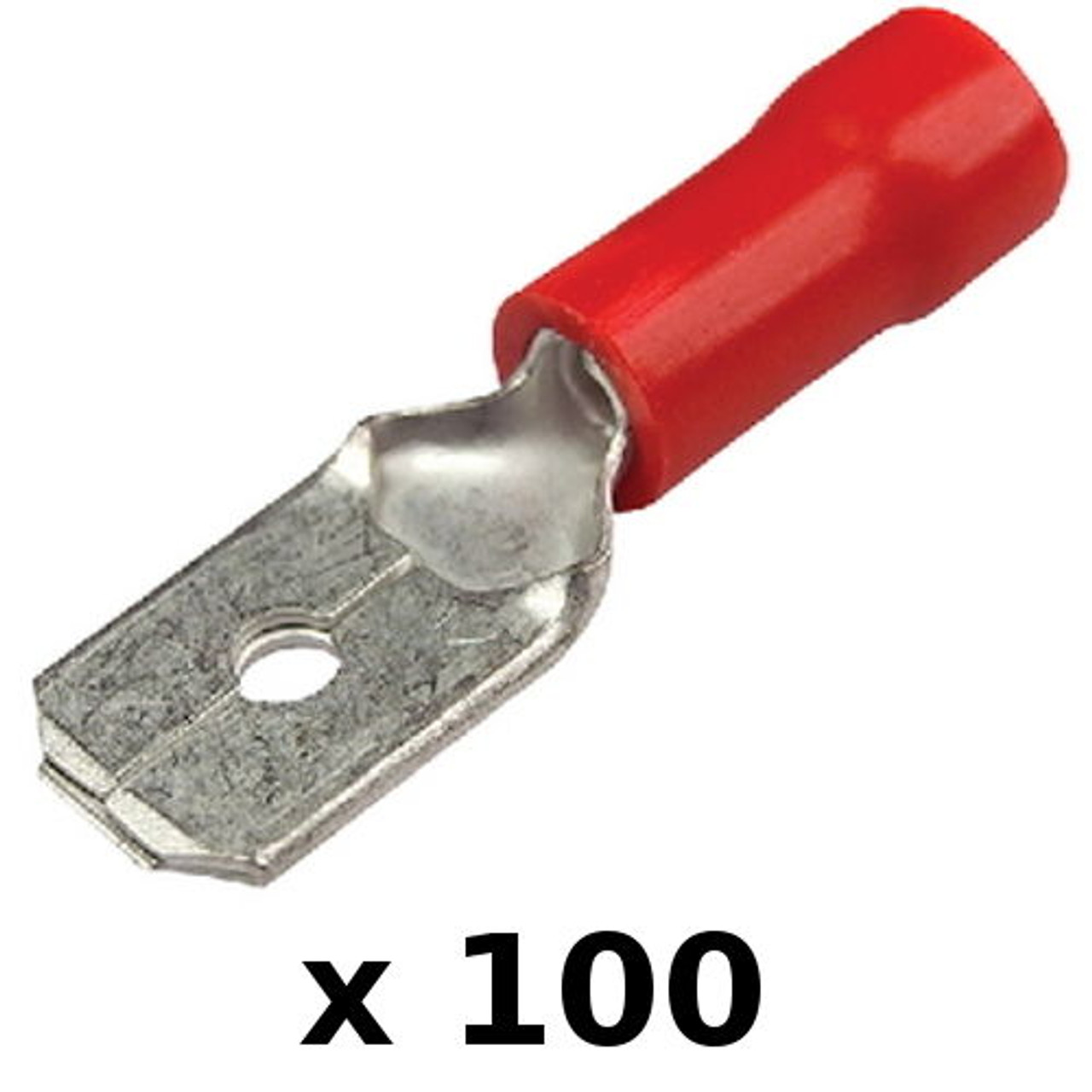 100 Pack Red 22-18 AWG Nylon Insulated 0.25" Male Spade Terminals for Boats