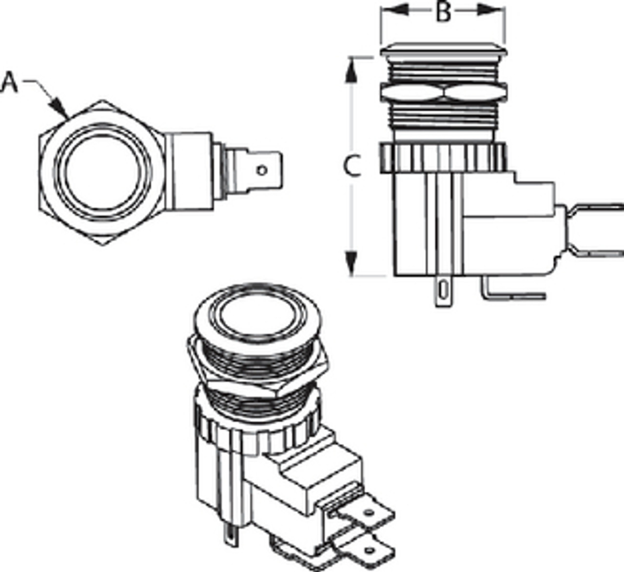 SEA-DOGÂ® LINE - LED PUSH BUTTON ON/OFF SWITCH - HIGH AMP - A: â…ž" B: Â¾" C: 1-9/16" Amps: 25 Max Volts: 12/24