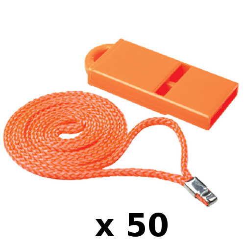 50 Pack of Streamlined Orange Colored Plastic Safety Whistles for Boats