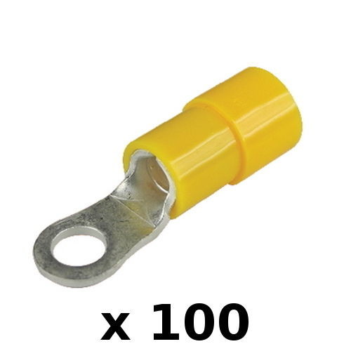 100 Pack Yellow 12-10 AWG Nylon Insulated #8 Ring Terminals for Boats