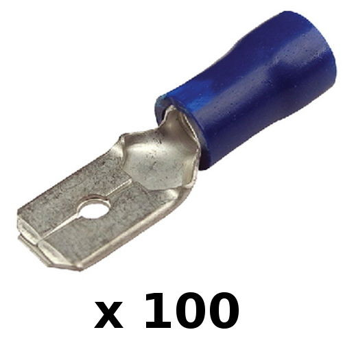 100 Pack Blue 16-14 AWG Nylon Insulated 0.25" Male Spade Terminals for Boats