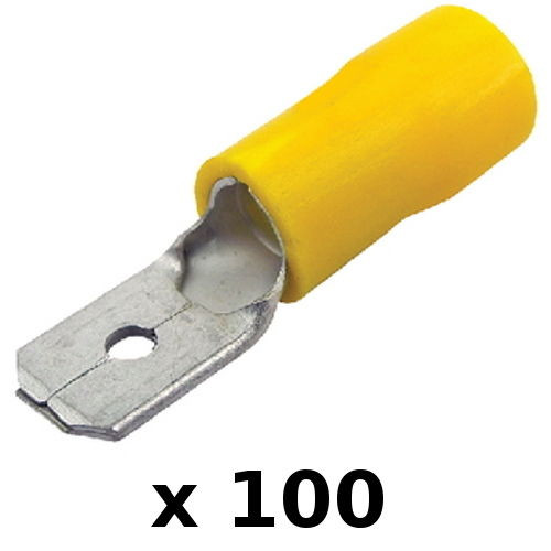 100 Pack Yellow 12-10 AWG Nylon Insulated 0.25" Male Spade Terminals for Boats