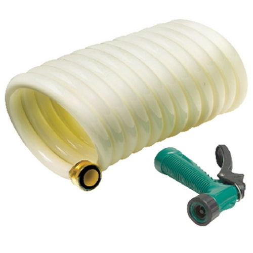 25 Ft White Coiled Wash Down Hose with Green Sprayer for Boats