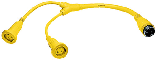 HUBBELL - "Y" ADAPTER - Female (Boat): (2) 30A 125V (HBL61 CMOS) Male (Dock): (1) 50A 125/250V (HBL63CM69) Color: Yellow