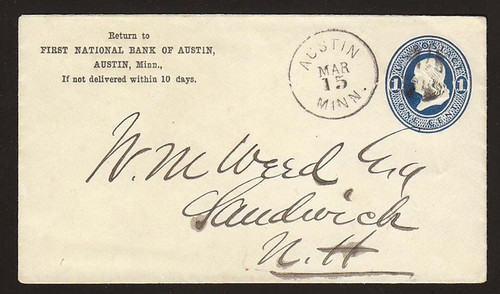 U109 UPSS # 255 1c Dark Blue on Amber, die 1, Used Entire