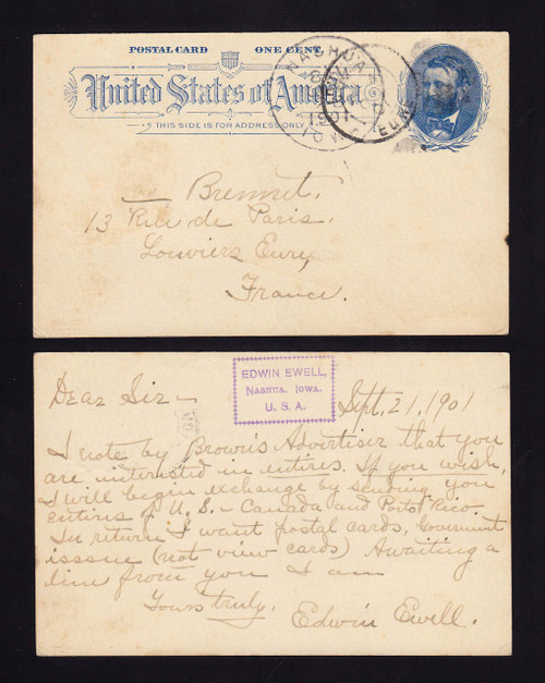 UX11 Nashua, Iowa to FRANCE not uprated NO POSTAGE DUE