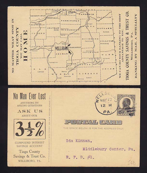 UX20 Wellsboro, Pennsylvania Tioga County Savings Bank, map of counties