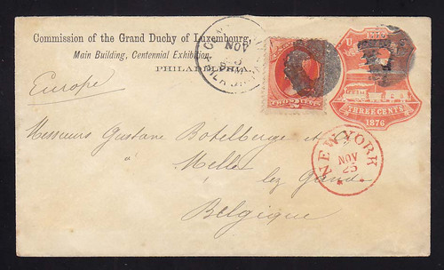 U218 UPSS # 643-3 3c Red on White, die 1, Used Entire to BELGIUM from Centennial, Bomar P76-01