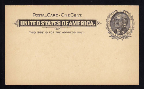 UX14 UPSS# S17 1c Thomas Jefferson, Black on Buff Mint Postal Card, Large "Blotches" in Stamp