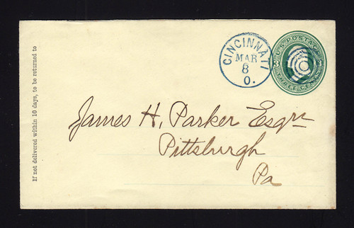 U83 UPSS # 185A 3c Green on Amber, Used Entire with Ruled Lines