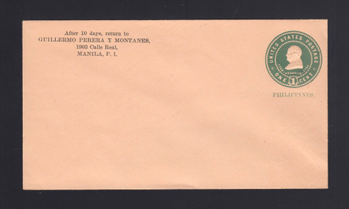 Philippines: U19 UPSS# 28 1c Green on Oriental Buff, Mint Envelope