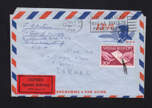UC39 13c Kennedy Aerogramme to ISRAEL, 30c Special Delivery