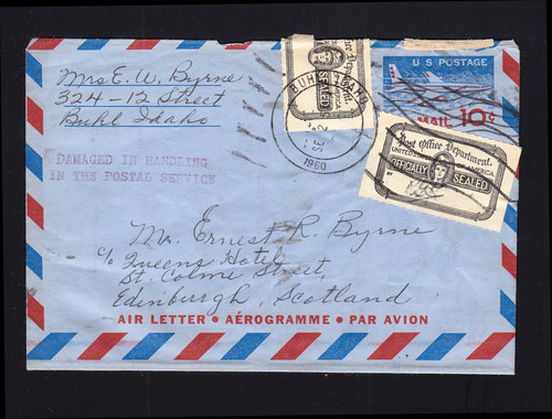 UC32 10c Aerogramme to Scotland, "DAMAGED", Official Seals