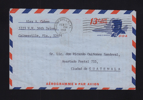 UC39 13c Kennedy Aerogramme to Guatemala
