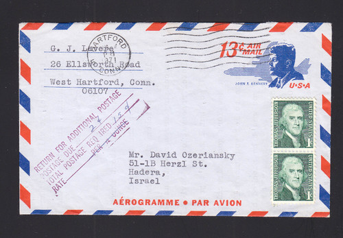 UC39 13c Kennedy Aerogramme to Israel, Returned for 2c Postage
