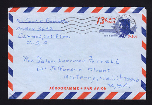 UC39 13c Kennedy Aerogramme Used FROM Rome, Italy
