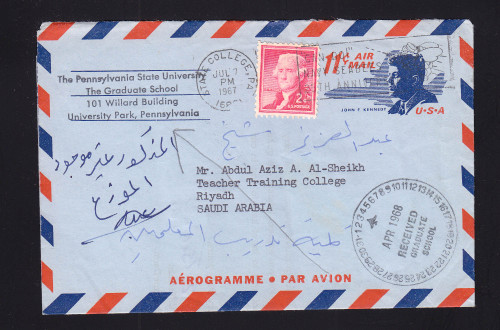 UC38 11c Kennedy Aerogramme to Saudi Arabia, Returned
