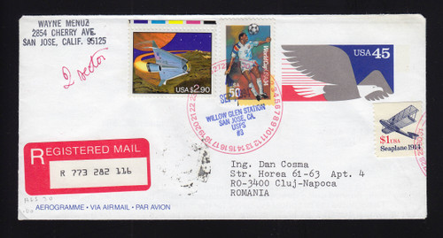 UC63a 45c Aerogramme to Romania, Registered, Long Message