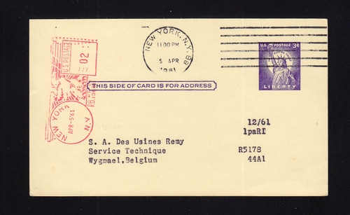 UX46 UPSS# S63 3c to Belqium, w/2c Meter, No 5c International Card Issued