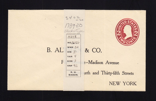 U411d UPSS# 1739-20 2c Carmine on White, die 5, Mint Entire, Printed Address