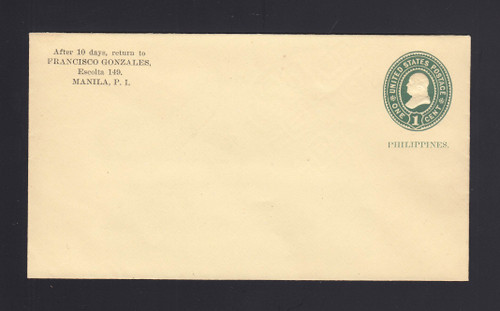 Philippines: U2 UPSS#  5 1c Green on Amber, Mint Envelope