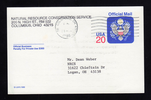 UZ6 UPSS# O6 20c Official Mail, multicolored Used Postal Card
